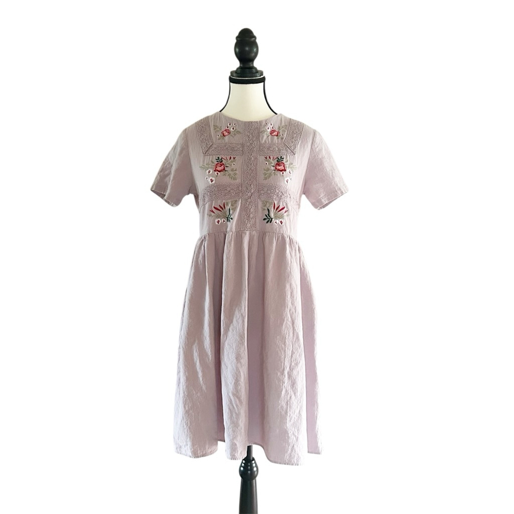 (Unbranded) Cotton Pastel Purple Dress Size xs Floral Embroidery Gathered Waist